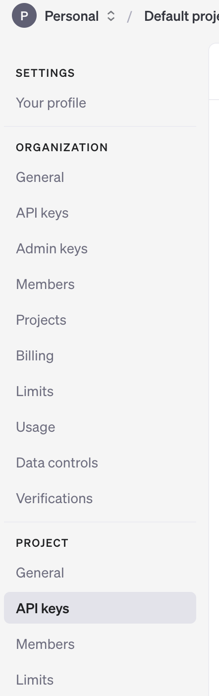OpenAI Platform API Key Settings An image showing OpenAI Platform API Key settings